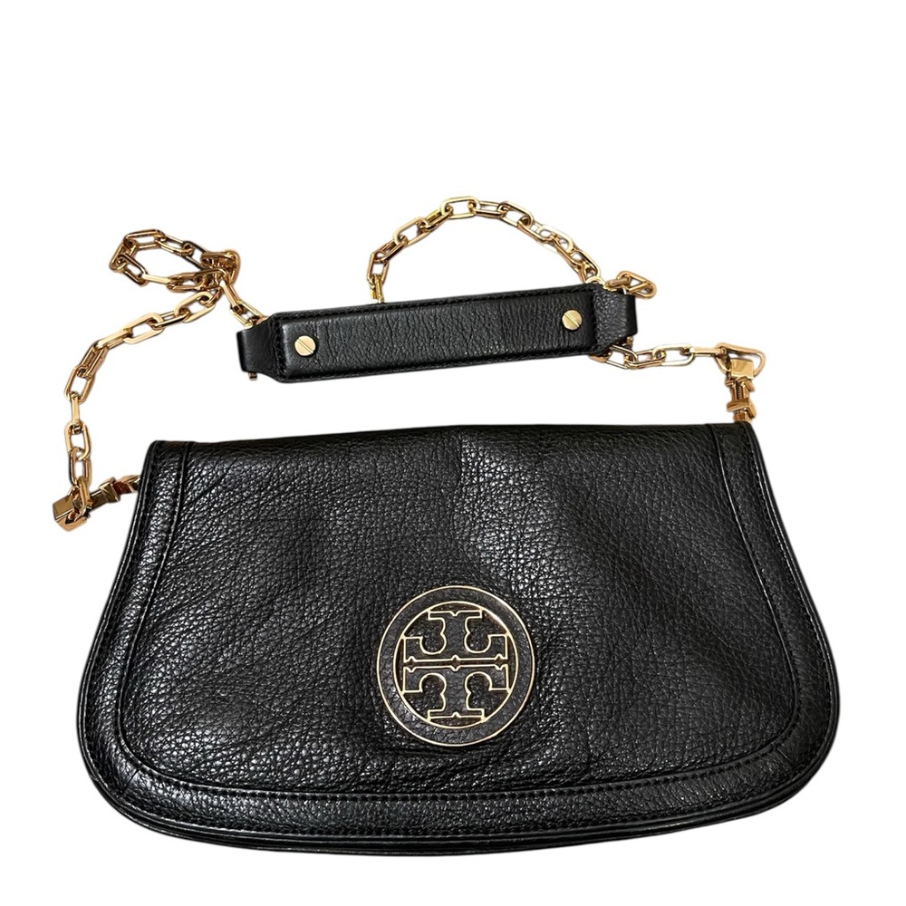 Tory Burch Black Leather Logo Flap Clutch / Crossbody Chain Purse